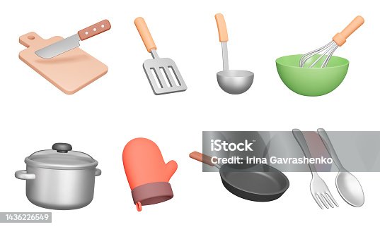 istock Kitchenware 3d icon set. Kitchen utensils for cooking. Isolated icons, Cutting board, knife, spatula, ladle, whisk, bowl, saucepan, tack, pan, fork, spoon. Cutlery. Objects on transparent background. vector illustration 1436226549