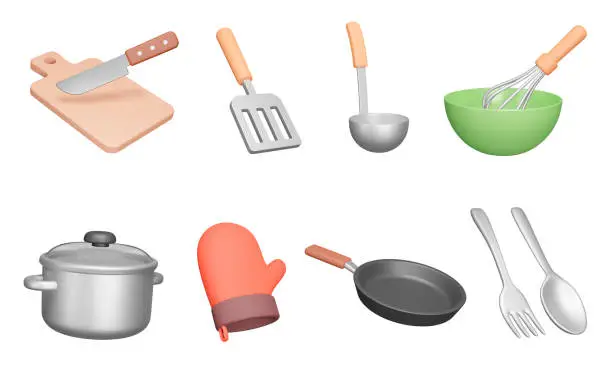 Vector illustration of Kitchenware 3d icon set. Kitchen utensils for cooking. Isolated icons, Cutting board, knife, spatula, ladle, whisk, bowl, saucepan, tack, pan, fork, spoon. Cutlery. Objects on transparent background. vector illustration