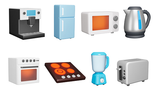 Kitchen appliances 3d icon set. Cooking. Food preparation. Domestic electronics. Fridge, microwave, kettle, oven, hob, blender, toaster. Isolated icons, objects on a transparent background