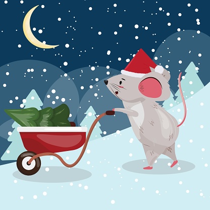 Christmas illustration with a cute mouse carrying a pine tree for Christmas decoration.