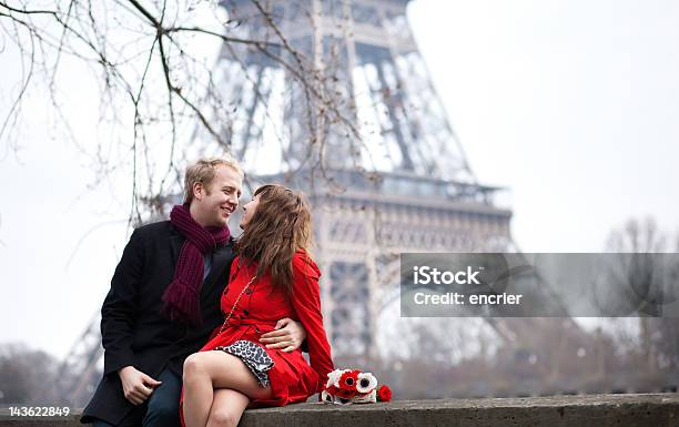 Romantic Couple In Love Dating Near The Eiffel Tower Stock Photo - Download Image Now