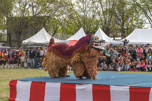 Buenos Aires, Argentina - October 24th, 2022: Japanese lion dance (shishimai) at japanese festival.