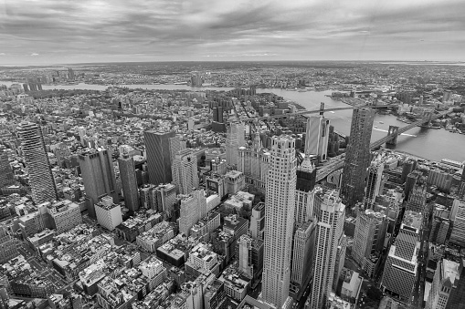 A beautiful black and white drone shot of skyscrapers. Perfect as a background