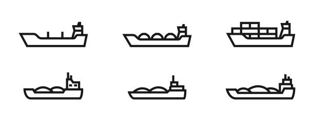 ilustrações, clipart, desenhos animados e ícones de conjunto de ícones da linha de navio de carga. navios de carga fluviais e marítimos. símbolos de transporte aquático - narrow boat