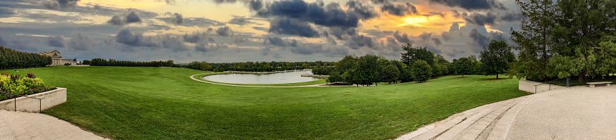Forest Park which opened in 1876, is a public park in western St. Louis, Missouri.  The park covers 1,324 acres making it the largest city park in the United States. For comparison, New York City's Central park is 843 acres. Forest Park includes walking trails, fishing lakes, an art museum, zoo and a public golf course. This view of the Grand Basin was designed for The World's Fair in 1904 and was restored in 2003.