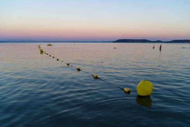yellow buoys floating on a lake at sunset