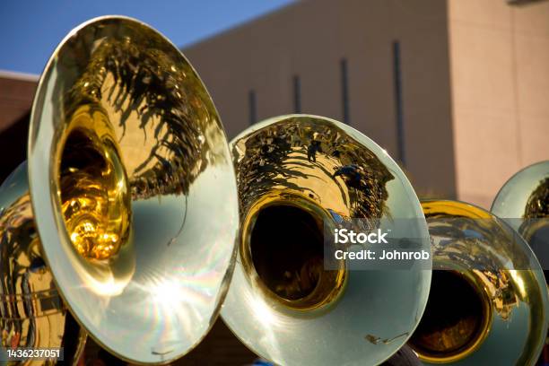 Marching Band Reflection In A Tuba Stock Photo - Download Image Now - Adults Only, American Football - Sport, Arts Culture and Entertainment