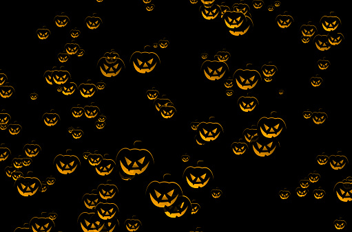 Halloween pumpkins with scary faces on purple background. 2d Illustration