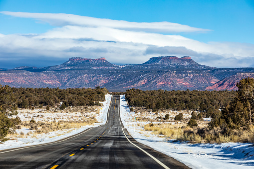 high way 261 leading to Bears Ears National Monument in Utah during winter.
