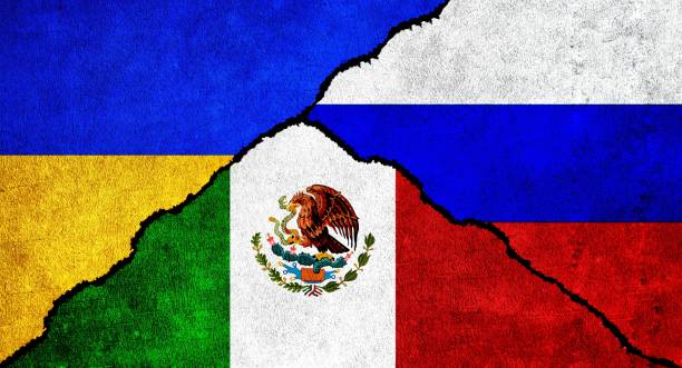 istock Russia, Ukraine and Mexico flag together on wall. 1436241475