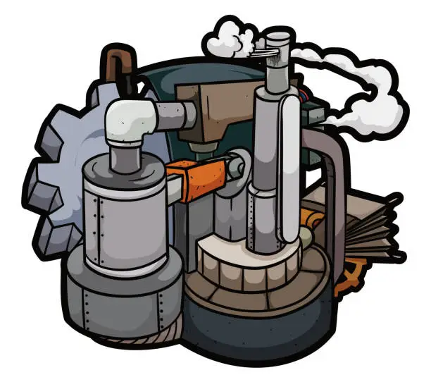 Vector illustration of Steampunk Machine with Gear, Tanks, Pipes, Bellow and Steam, Vector Illustration