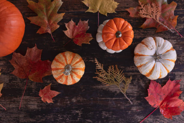 istock Fall leaves and pumpkins on a dark distressed wood table 1436246945