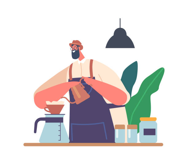 Hipster Barista Making Coffee Pour Over Brewing, Smiling Male Character Bartender Wear Apron Work In Cafe Or Coffee Shop Hipster Barista Making Coffee Pour Over Brewing, Smiling Male Character Bartender Wear Apron Work in Cafe or Coffee Shop Cooking Fresh Aromatic Beverage. Cartoon People Vector Illustration barista stock illustrations