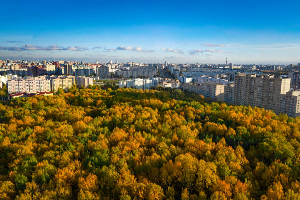 istock Autumn city aerial panorama view from drone. Fall nature 1436248618