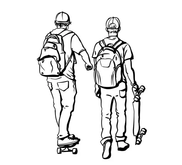 Vector illustration of Teenager On Skateboards Ink