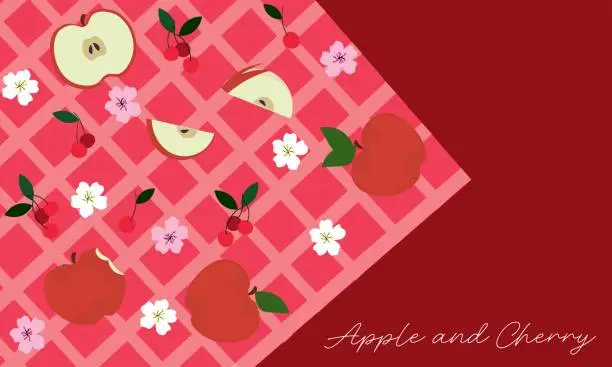 Vector illustration of Gingham seamless pattern with apples, cherries, and flower blossom.