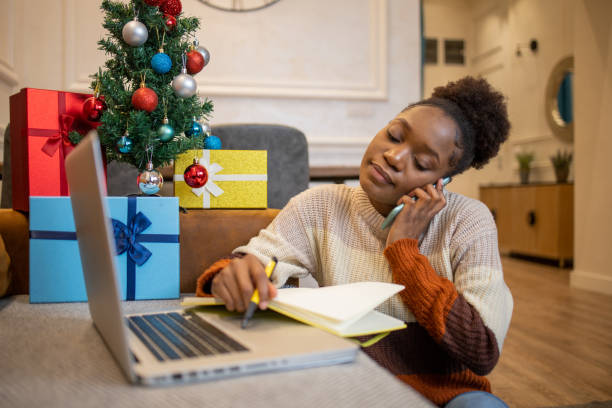 istock Happy woman celebrating Christmas 1436256983