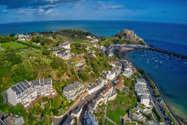 Aerial View of the Village of Gorey in Jersey stock photo