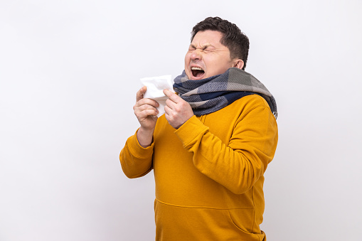 Man wrapped in scarf sneezing in napkin, cleaning running nose and coughing, suffering influenza symptoms, fever, wearing urban style hoodie. Indoor studio shot isolated on white background.