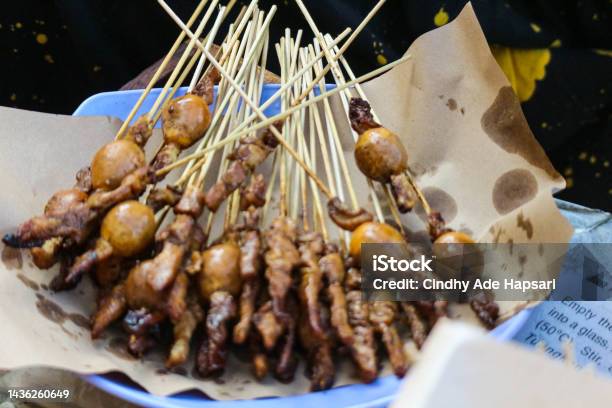 Chicken Satay Sold Along Jalan Malioboro Yogyakarta One Serving Contains Ten Skewers Topped With Rice Cake Or Ketupat Stock Photo - Download Image Now