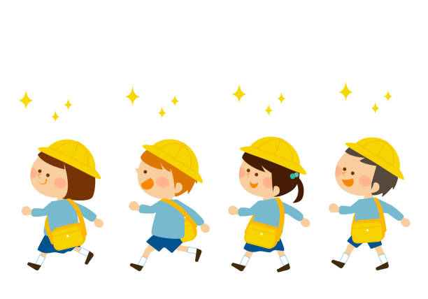 Children going to kindergarten Children going to kindergarten preschool building stock illustrations