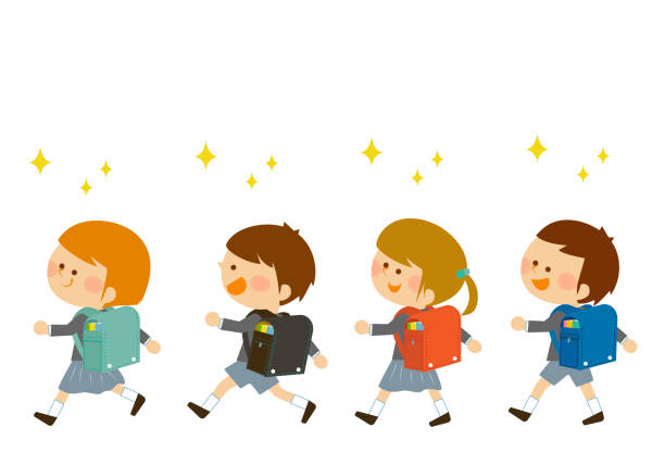 Children going to elementary school Children going to elementary school randoseru stock illustrations