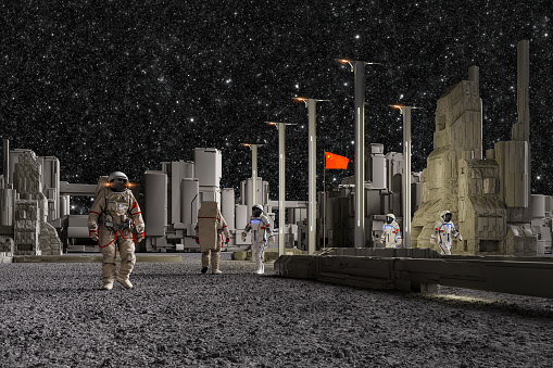 Chinese astronauts working on Moon base. 3D generated image.