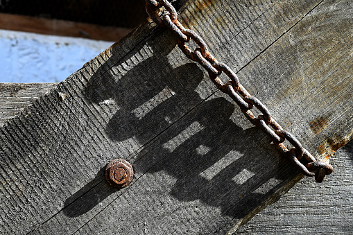 A rusted chain and its shadow on a piece of weathered wood.