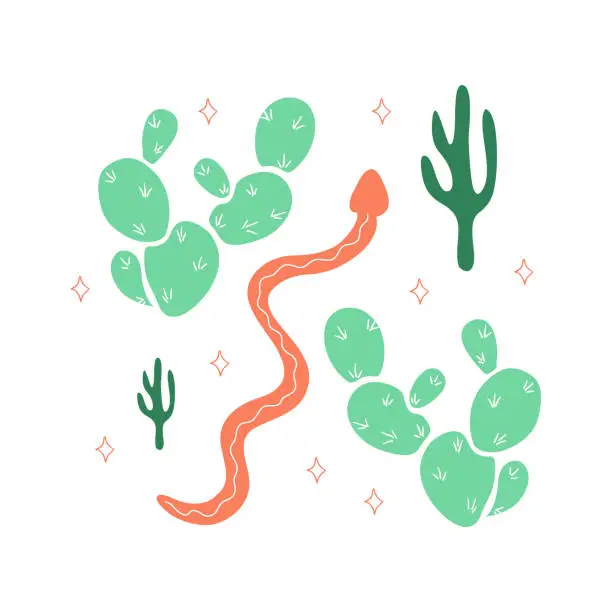 Vector illustration of Snake and Cactus Hand Drawn Cartoon Vector Illustration