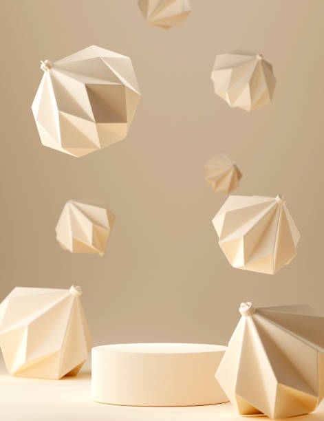 3D abstract Christmas light background with beige geometric Christmas ornaments