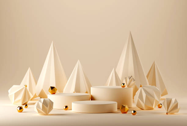 istock 3D abstract Christmas beige background with geometric Christmas trees, ornaments 1436278875