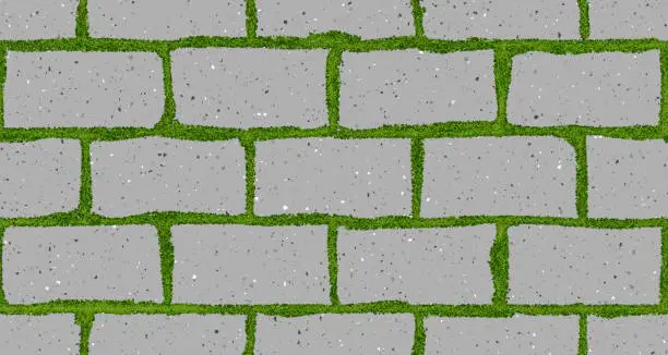 Vector illustration of Seamless pattern of old pavement with moss and interlocking textured bricks