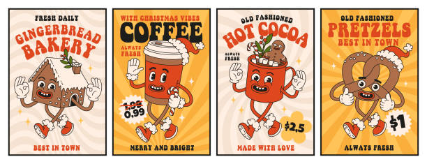 Christmas market street foods and drinks in trendy retro cartoon style. Coffee, gingerbread, cocoa. Christmas market street foods and drinks. Poster, flyer, menu design with coffee, candy, pretzel, cocoa, cookie, gingerbread in trendy retro cartoon style. Merry Christmas and Happy New year. hot chocolate poster stock illustrations