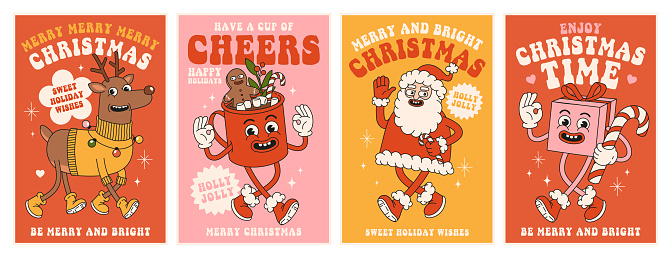 Merry Christmas and Happy New year. Santa Claus, reindeer, cocoa, gift in trendy retro cartoon style. Greeting cards, template, posters, prints, party invitations and backgrounds. Red and pink colors.