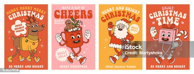 istock Merry Christmas and Happy New year. Santa Claus, reindeer, cocoa, gift in trendy retro cartoon style 1436279118