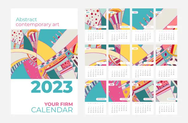 Vector illustration of 2023 calendar starts Sunday. Abstract contemporary art vector set. Desk, screen, desktop months 2023 calendar template