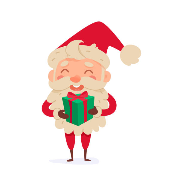 해피 산타 클로스 캐릭터가 선물 상자를 들고 녹색 포장으로 선물을 배달합니다. - christmas present senior men surprise gift box stock illustrations