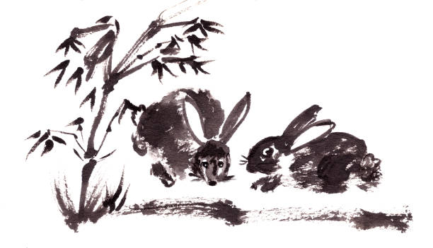istock rabbits among the grass, ink painting on rice paper. 1436279776