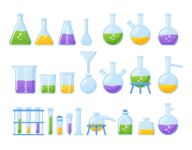 illustrations, cliparts, dessins animés et icônes de ensemble d’équipement de laboratoire fiole en verre, bécher et autres produits chimiques et médicaments mesurant la verrerie. outils de test en laboratoire - récipient à bec verseur