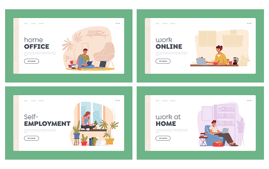 Home Office Landing Page Template Set. Freelancers or Outsourced Workers Characters Working on Computers. Remote Workplace, Freelance Working Occupation Concept. Cartoon People Vector Illustration