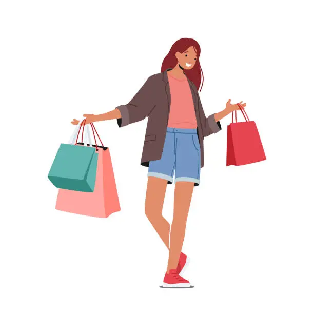 Vector illustration of Cheerful Shopaholic Girl with Purchases in Colorful Paper Bags. Happy Stylish Woman Holding Shopping Packages