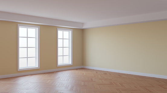 Beige Interior, Beautiful Room with a White Ceiling and Cornice, Glossy Herringbone Parquet Floor, Two Large Windows and a White Plinth. Unfurnished Interior Concept. 3D illustration. Ultra HD 8K
