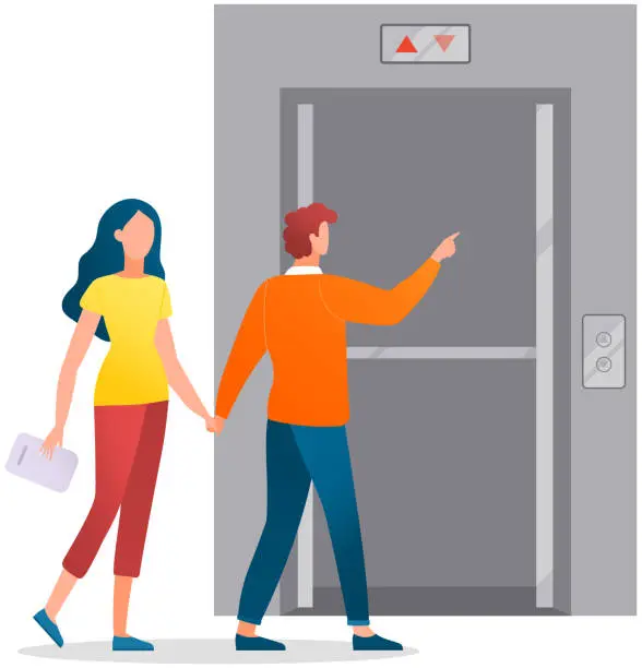 Vector illustration of Couple enters modern elevator with iron doors. Passengers walk into lift, transporting device