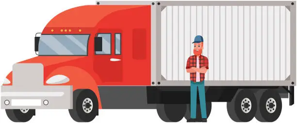 Vector illustration of Postal delivery courier man in front of van. Trucker in striped shirt and cap stands near truck