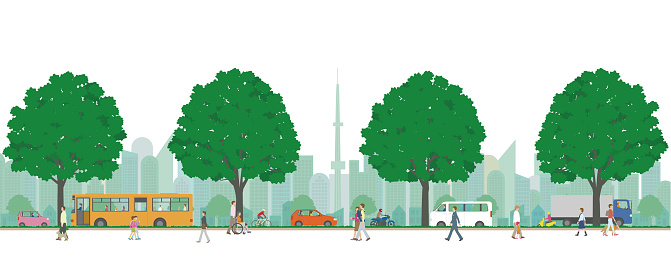 Sideways illustration of skyscrapers and residential pedestrians and cars
