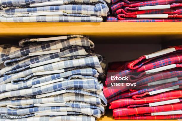 Many Plaid Shirts On The Shelf Stock Photo - Download Image Now - Shirt, Woven Fabric, Old-fashioned