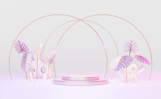 istock pink podium empty with leaf monstera in white composition for modern stage display and minimalist mockup ,abstract showcase background ,Concept 3d illustration or 3d render 1436295052