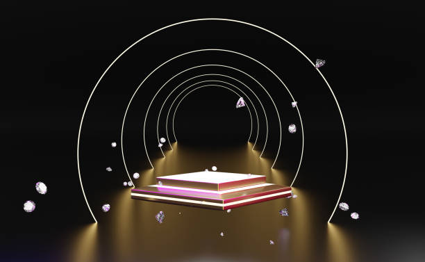 istock Gold podium empty and diamond with neon light in black composition for modern stage display and minimalist mockup ,abstract showcase background ,Concept 3d illustration or 3d render 1436295138