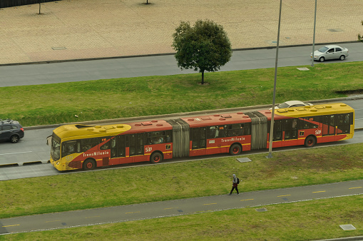 Bogota Colombia 10deOctubre del 2016
Transmilenio, public passenger bus of the city of Bogotá in an avenue via the El Dorado airport