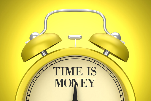 The yellow clock on the yellow background writes Time is Money. Planning concept.